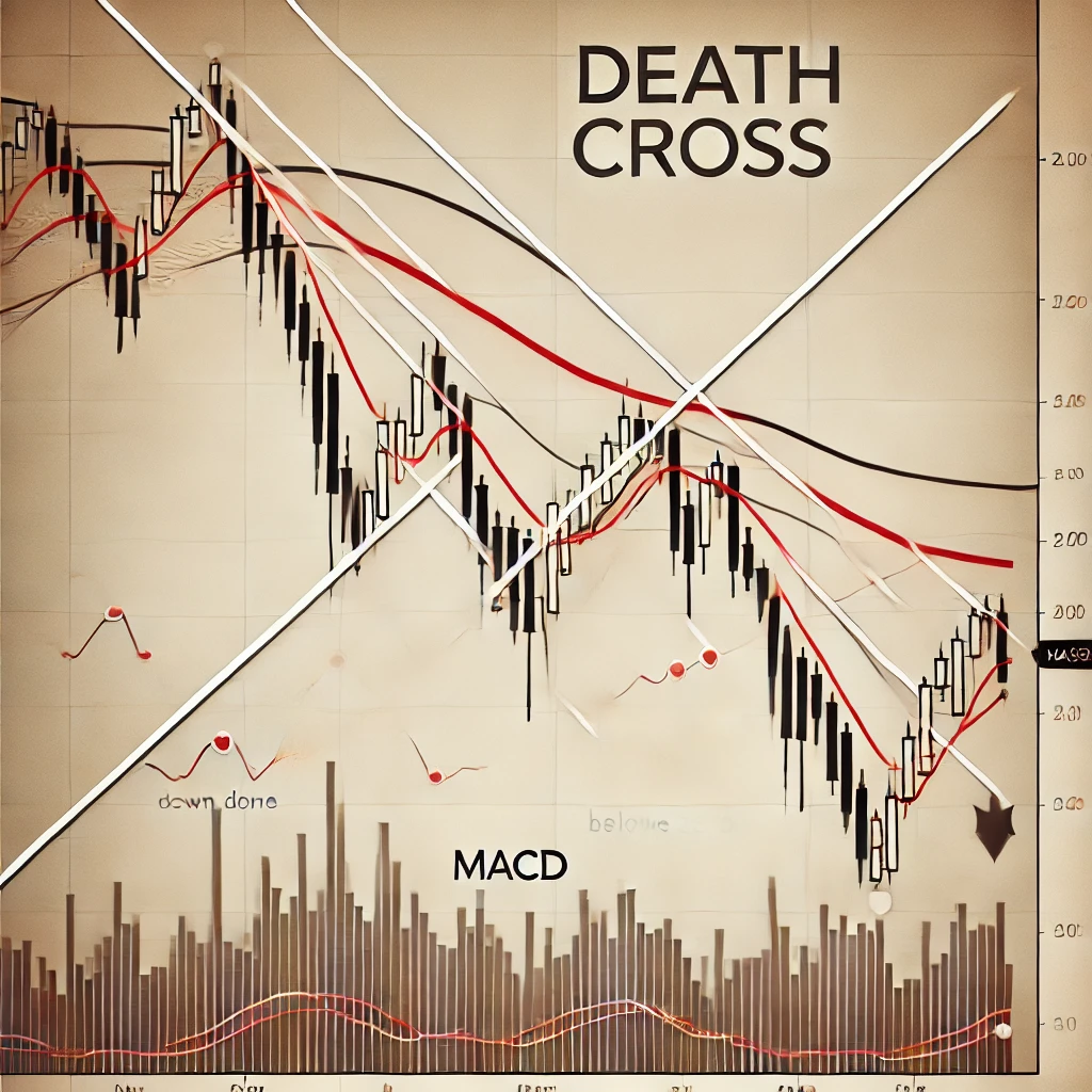 A line chart showing a clear Death Cross pattern with moving averages crossing, indicating a downward trend.