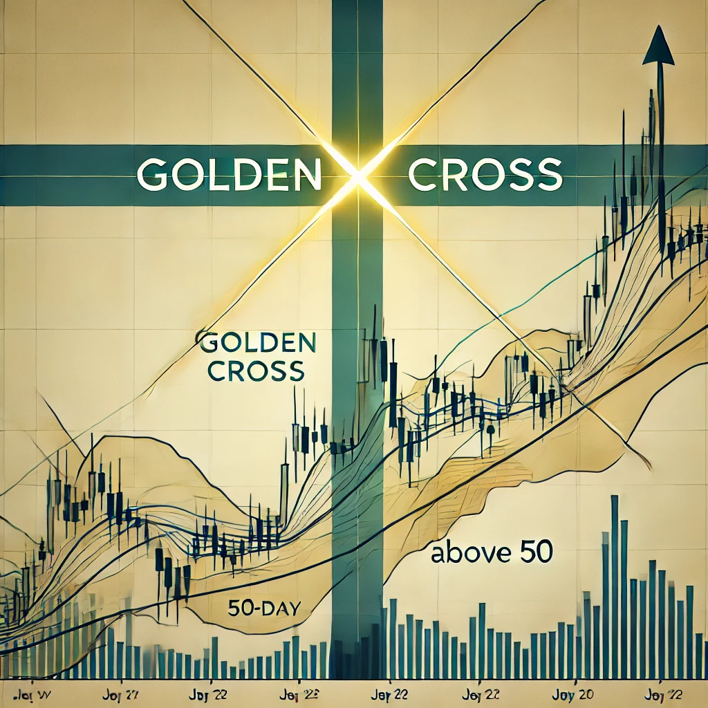 A line chart showing a clear Golden Cross pattern with moving averages crossing, suggesting an upward trend.