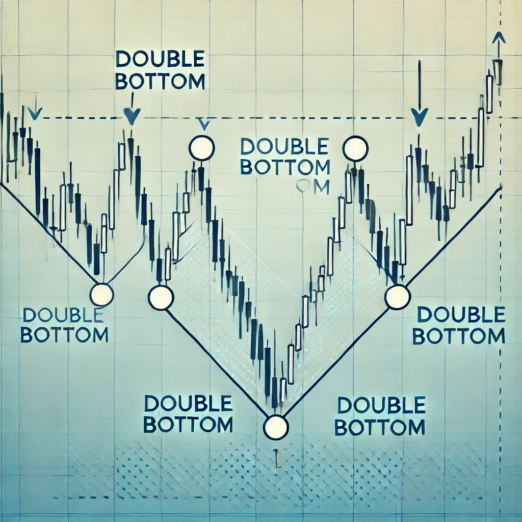 A stock chart showing a double bottom pattern with neckline and resistance levels.