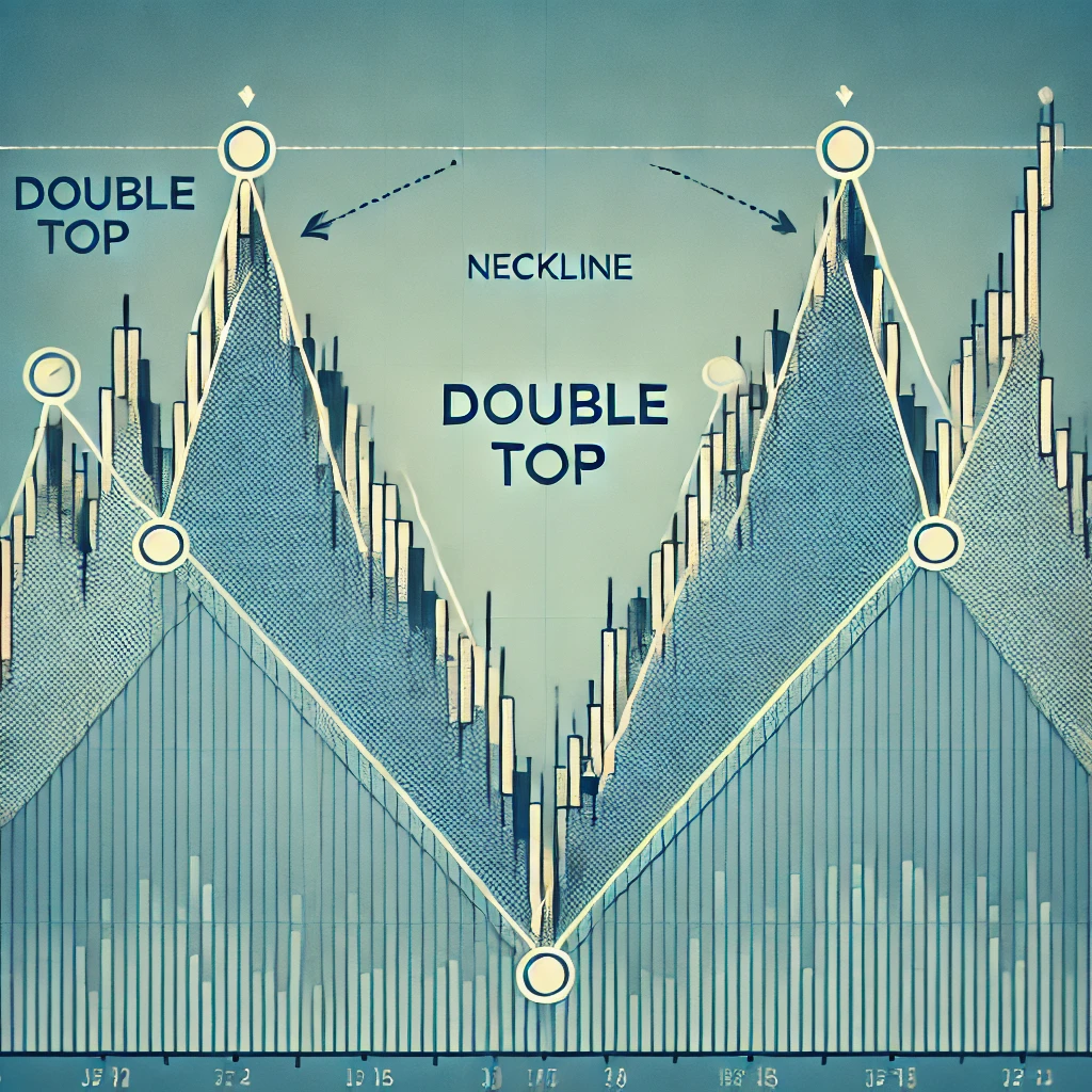 A stock chart showing a double top pattern with neckline and support levels.